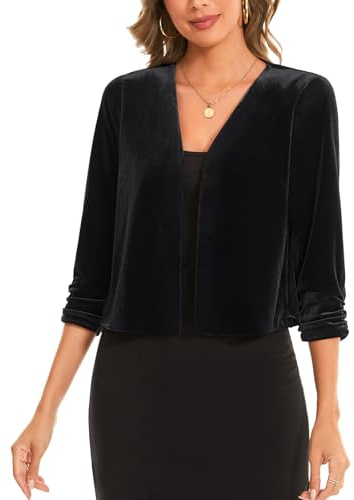 MINTLIMIT 3/4 Ruched Sleeve Women's Black Velvet Cardigan Blazers Sweater Open Front V Neck for Business and Leisure (Black L)