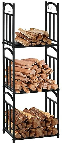 Outsunny Range bûches Porte-bûches range rack à bûches pour bois de cheminée modulable avec 4 crochets, charge 30 kg par plateau, 46 x 32 x 126 cm métal époxy noir