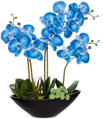Oairse 45,72 cm orkidé konstgjorda blommor blå falska orkidé silkesblommor med svart keramisk kruka stor falsk Phalaenopsis arrangemang för hem kontor rum vardagsrum soffbord bordsuppsats dekoration
