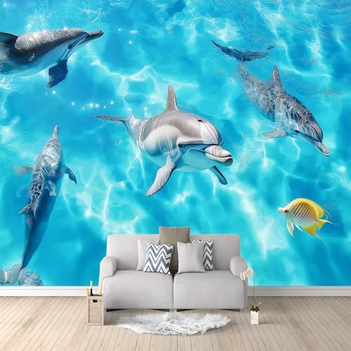 Papier Peint de Photo Animal Marin Dauphin Bleu 250x175 cm Papier Peint Murale intissé Panoramique, Papier Peint Personnalisé Pour Garçon Fille Ado Chambre Salon Décor