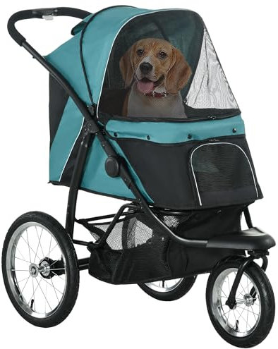 PawHut Hundewagen Hundebuggy klappbar für Hunde & Katzen bis 20 kg Katzenbuggy mit geländegängige Gummiräder Kissen Netzfenstern Türen Katzenwagen mit Aufbewahrungskorb Buggy Dunkelgrün