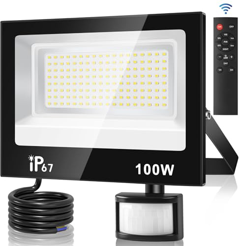 URTBST 100W Faretto LED da Esterno con Sensore di Movimento,4 Modalità 10 Luminosità Faretti LED Esterno con Telecomando,10000LM,7000K Bianco Freddo IP67 impermeabile Faro LED Esterno per Terrazza