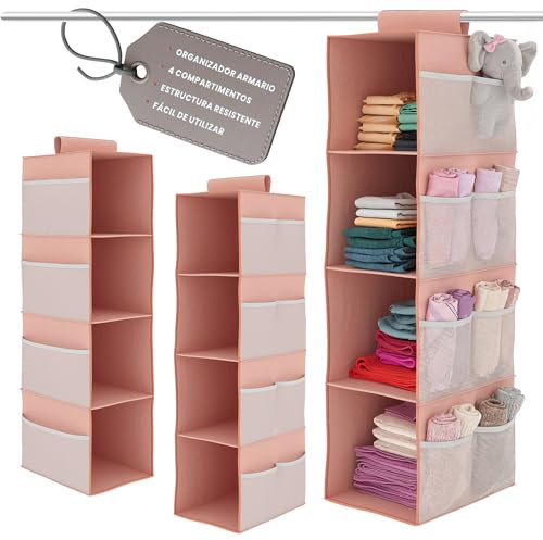 AMMERGI Organizador Armario Colgante, Organizador de Armario con 4 Estantes, Bolsillos Laterales (30 * 30 * 80 cm) Y Refuerzo de Bambú (Rosa) 2 Piezas