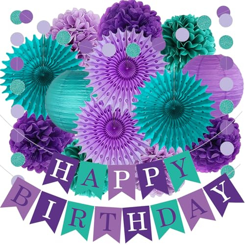 Teal Viola Lavanda Decorazioni per feste Sirena Festa di Compleanno Tessuto Pom Pom Fiori Lanterne Buon Compleanno Banner Dots Ghirlanda sotto il mare Festa Ragazze Baby Shower Party Decorazione