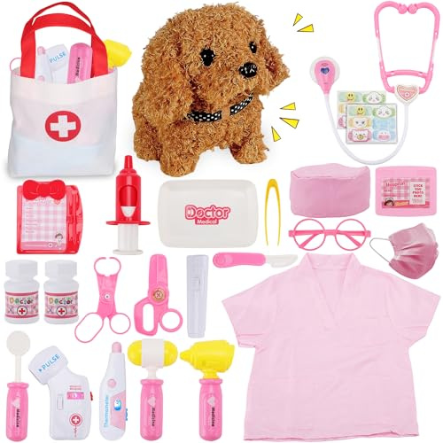 TEUVO Malette Docteur Enfant, Veterinaire Enfant avec Blouse de Médecin, Stéthoscope, Thermomètre, Seringue, Médical Jeu d'imitation Jouets de Rôle 25 Pièces, Cadeaux Jouet Enfants 2 3 4 5 6 7 8 Ans