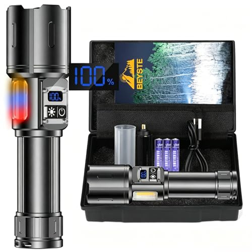 BEYSTE Torches LED Super Bright Rechargeable 500000 Lumen, Flashlight Stepless Dimming Mode, Tactical Torch 9 Modes with COB Sidelight, Powerful Torch Flash Light for Camping Dog Walking Emergency