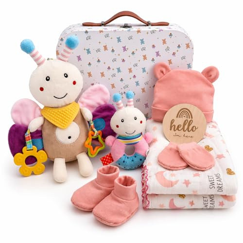 VEVIUR - Canastilla Bebé recién nacido. Cesta regalo bebé recién nacido Incluye: Maletín, Manta, Conjunto de Ropa 100% algodón orgánico, Peluche, Sonajero, Tarjeta de Bienvenida (ROSA)
