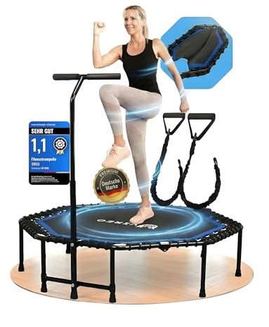 VIREO Fitness Trampolin Indoor Erwachsene [Klappbar & Stabil] mit Haltegriff – Mini Trampoline Ø 102 cm bis 150 kg, Leise & Gelenkschonend, Jumping Fitness & Sprung für Zuhause inkl. Widerstandsbänder