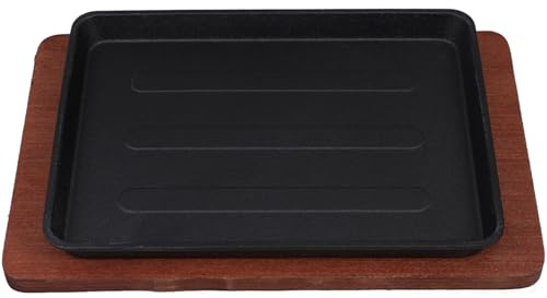 HOLIDYOYO Sartén de Hierro Fundido con Base de Madera Plancha Grande para Asar Freír y Hornear para Cocina Teppanyaki y Reuniones Familiares
