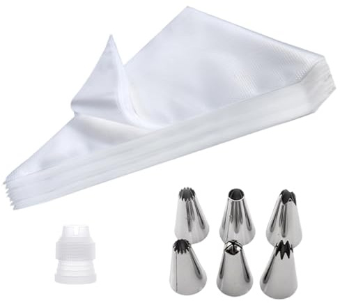 DYSWTUE 100 Piezas Mangas Pasteleras, 6 Boquillas, 1 Acoplamientos para Pastel, Bolsas Pasteleras Transparentes para Decoración de Pasteles, Magdalenas, Postres, Galletas