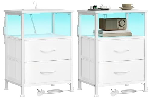SONGMICS BELLAH Collection - Bedside Table with Charging Station, Side End Table with App-Controlled Adjustable LED Lights, Modern, 1 Shelf, 2 Drawers, Set of 2, Cloud White LGS202W103