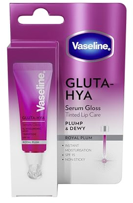 Vaseline Sérum Labial Gluta-Hya Royal Plum 10ml. Con ácido hialurónico, tripéptido, tecnología Glutaglow y SPF15. Color, volumen y protección. Hidratación al instante y acabado gloss no pegajoso.
