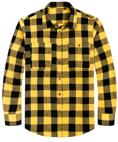 J.VER Yellow Lumberjack Shirt Men's Flannel Long Sleeve Check Shirts Cotton Regular Fit Button Up Winter Work Plaid Shirt L