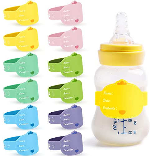 Tondiamo Baby Bottle Reusable Labels for Daycare Write 12 Pcs Multi Color Silicone Daycare Labels Cute Chicken Waterproof Bottle Name Tags Band Anti Slip Preschool Elementary School Toddler(Bright)
