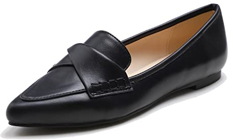 Feversole Loafer för kvinnor platt spetsig mode slip-on komfort körning kontorsskor, Svart vanlig veganskt läder vriden rosett, 39.5 EU