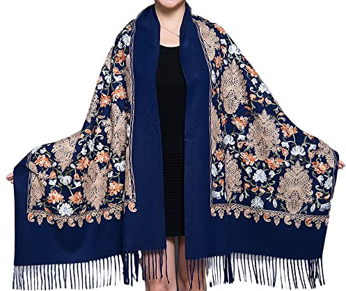 GFM® Broderad kashmirtextur ull pashminasjal - höst-vinter -julklapp (EMBSHL-A), 3-ghnl-marinblå, L