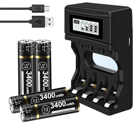 Palogreen Pilas Recargables AA 3400mWh con LCD Cargador - 4 Ranuras Independientes Cargador de Pilas AA y AAA 1.5V Litio Carga Rápida con 4 Baterías de Alta Capacidad