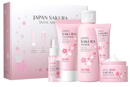 LAIKOU SkinCare Set, JAPAN Sakura Skin Care Sets & Kits - Cleanser,Toner,Face Serum,Eye Cream,Face Cream, Gift Set for Teenage Girls Women Mom Daughter Birthday, Travel Kit for All Skin Types, 5pcs