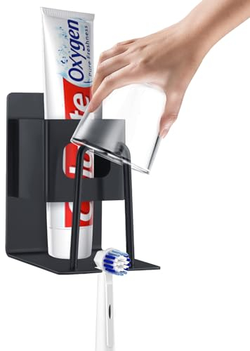 Taiqayia Toothbrush Holder Stainless Steel Black Small Electric Toothbrush Holder Wall Mounted Electric Toothbrush Heads Rack Self Adhesive Tooth brush Toothpaste Cup Bathroom Storage Holder