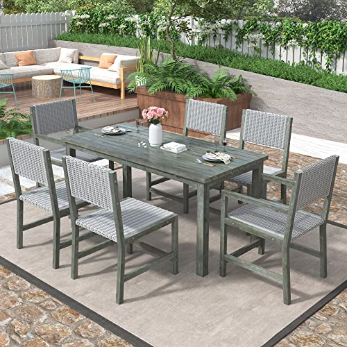 Kayan 6+1 Gartenmöbel Essgruppe, PE-Rattan Sitzgruppe 6 Personen, Outdoor-Esstisch-Set 6 Stühle mit Tisch, Stuhlgestell Tischplatte aus Akazienholz, Terrassenmöbel Balkonmöbel Gartenlounge Set