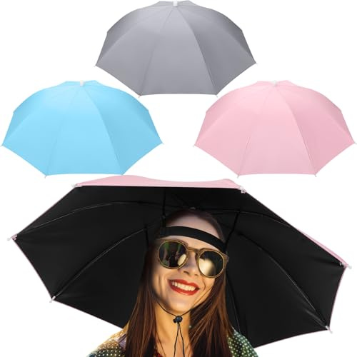 Bulyoou 3 Pcs Fishing Umbrella Hat 27'' Adjustable Hands Free Foldable Head Umbrella Cap UV Protection Waterproof for women men fishing summer(Pink, Blue, Gray)