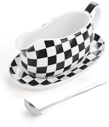 LoeJan 17OZ Gravy Boat with Spoon, Ceramic Sauce Serving Dish, Easy-Pour Big Dripless Lip Spout Serveware Set for Salad Cream Milk Broth Black Pumpkin Thanksgiving