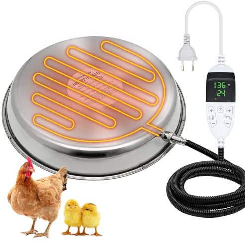 30cm Heizplatte für Geflügeltränke 55W mit Temperaturregler Hühnerstall | Metal Hühnertränke Beheizte Basis Tränkenwärmer Geflügel mit Digital und Timer für Farm