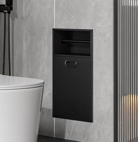 SZITW Shower wall nicheStainless Steel Shower Nich with Removable Door Recessed Toilet Paper Holder Shower Niche, Built-in Trash Can Rack for Living Room Kitchen Bathroom (Black)