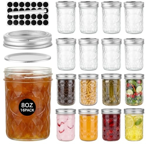 OAMCEG 16 Pack 250ml Mason Jars with Lids - Airtight Regular Mouth Glass Jars with Silver Metal Lid, Includes Round Sticker Labels and Marker Pen for Pickling, Jam, Honey, Food Storage