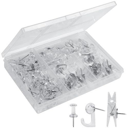 YOYUSH Push Pin Set, 60 Pcs Transparent Mixed Push Pins with Storage Box, Reusable Drawing Pins, Hook Pin, Clip Pin, Multi Functional Push Pin Set for Cork Notice Pinboard Bulletin Board