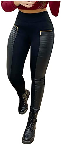 Generisch Mujeres de cuero de contraste cremallera cintura delgada pantalones de diseño falso alto, Negro , S