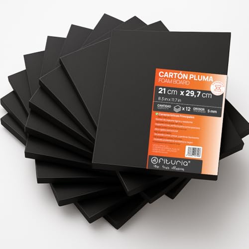OFITURIA Skumskiva svart A4 självhäftande (21 x 29,7 cm) förpackning 12 st, platta av expanderad polystyren lätt och styv, skumbräda mångsidig och skärbar, för hantverk och modeller, 5 mm