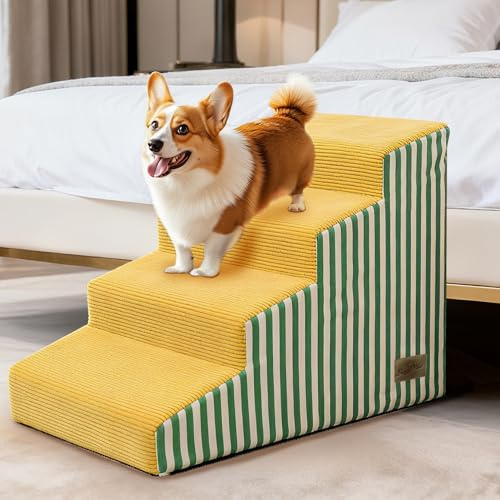 BingoPaw Escalera para Perros Pequeños de 50cm de Alto, Escalera para Perros de 4 Escalones, Rampa para Perro con Funda Lavable y Fondo Antideslizante para Sofá y Cama, Amarilla y Verde