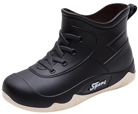 Stivali di gomma corti da donna, vestibilità ampia, impermeabili, da donna, senza lacci, da giardino, leggeri, con suola antiscivolo, stile sportivo, scarpe da pioggia per giornate di pioggia, Nero