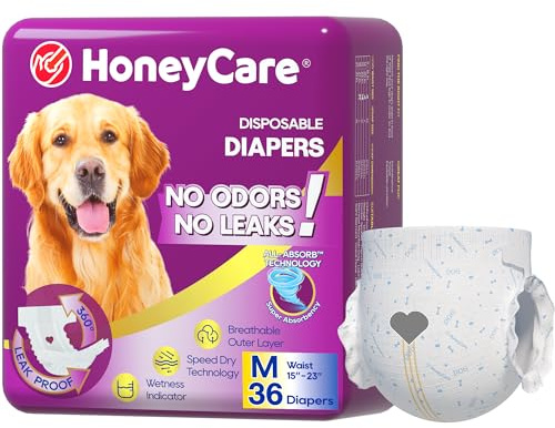 HONEY CARE All-Absorb Disposable Female Dog Diapers M Size, Improved Bigger Size, 36 Count, Super Absorbent, Breathable, Wetness Indicator (Pack of 1, 36 Count Total)