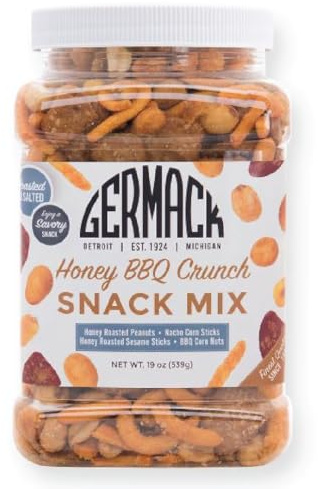 Germack Pistachio Company® - Honey BBQ Crunch Snack Mix - Honey Roasted Peanuts, Honey Roasted Sesame Mini Chips, Nacho Corn Sticks and Toasted BBQ Corn - 19oz Jar