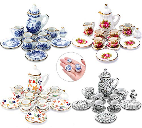 60 Pieces 1:12 Scale Miniatures Dollhouse Porcelain Tea Cup Set, Flower Pattern, Plum Blossom, Red Rose Teapot Cup Set Porcelain Accessories(Blooming Porcelain Series)