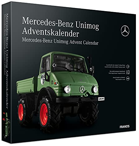 FRANZIS 55406 - Mercedes-Benz Unimog Adventskalender grün, Metall Modellbausatz im Maßstab 1:43, inkl. Soundmodul und 52-seitigem Begleitbuch