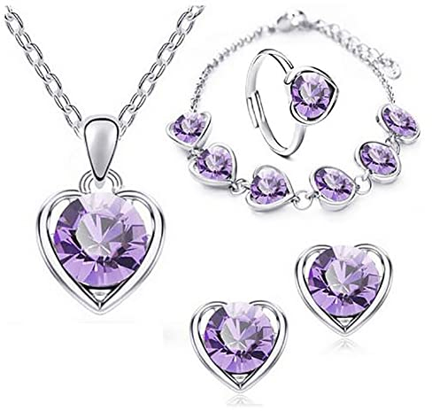Wedity Heart-shaped Crystal Necklace Earrings Bracelet Ring Set Gold Fashion Love Heart Pendant Choker Necklaces Jewelry for Women and Girls (Purple)