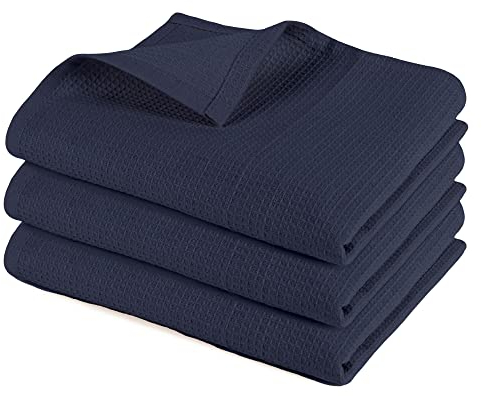 Pagnanno. Hotel Quality Kitchen Tea Towels & Waffle Weave tea towel|Professional Cotton 45x70cm|Absorbent Fast Drying Dish Towels,Kitchen and Bar Towels (Pack of 3 (45x70cm), Waffle - Navy)