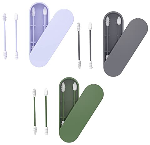 3 cajas de varillas de algodón de silicona, lavables de doble extremo, reutilizables, almohadillas espirales, con caja de almacenamiento, limpieza diaria de orejas de maquillaje (gris, verde, azul)
