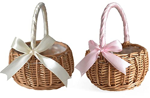 2 Pezzi Cesto Intrecciato con Nastro in Vimini e Tessuto - Per Ragazze e Matrimonio Paglia per Bomboniere di Nozze