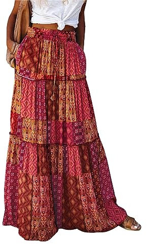 Byoauo kjol dam lång boho blommor hög elastisk midja med fickor och bälte maxi kjol veckad kjol strandkjol fritidskjol, Röda och blommor, M