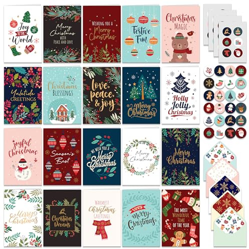 Decorably 100 Pack Foiled and Glittery 6x4in Bulk Christmas Cards with Envelopes and Stickers, 20 Festive Holiday Designs Seasons Greetings for Friends & Loved Ones, Printed Message - Gifting, Mailing