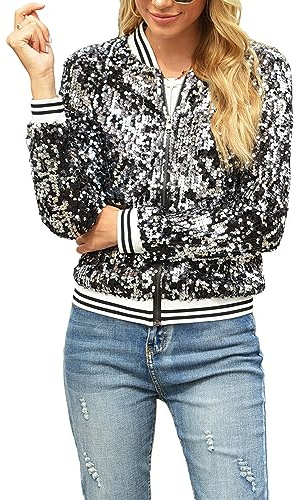 FeMereina Womens Sequin Long Sleeve Front Zip Jacket with Ribbed Cuffs Sparkly Zip Up Sequin Bomber Jacket Coat