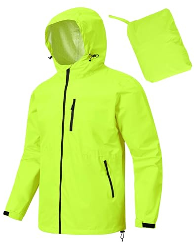 MoFiz Regnjacka herr vattentät utomhusjacka lätt packbar vindjacka regnjacka med huva för cykel, resor, löpning, vandring, camping, avslappnad, Fluorescerande grön, L