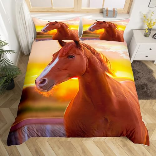 Loussiesd Horse Bed Linen Set 135 x 200 cm Children's 3D Cute Animal Decor Duvet Cover for Boys Girls Yellow Sunset Brown Horse Beds Bedding with 1 Pillowcase Zip Microfibre