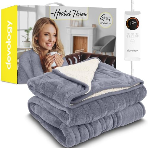Devology Heated Throw - Electric Blanket - Digital Controller - Timer up to 12 hours, 6 Heat Settings, Auto Shutoff - Machine Washable - Double 150x200cm - Grey Shearling