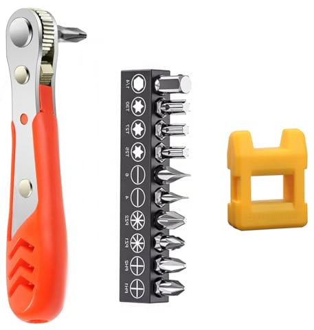 EIHI Destornillador de Carraca 110mm Mini Llave de Carraca 6.35mm 1/4» Llave de Carraca Magnética Doble Destornillador Magnético con 10 Piezas Destornillador