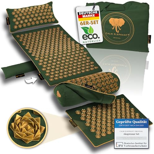 CALM ELEPHANT ORIGINAL® Esterilla de Acupresión con Cojín XXL Set ULTIMATE 6 Piezas, Masaje Espalda, Libera Tensiones, Cojín con Calor, Soporte Lumbar y Rodillas, Esterilla Pies - Verde